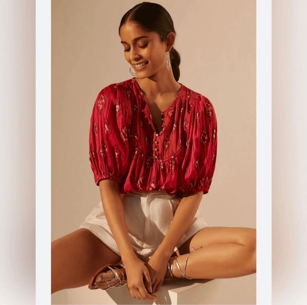 Anthropologie Drapey Henley Magenta Pink Red Medallion Boho Chic Blouse Medium